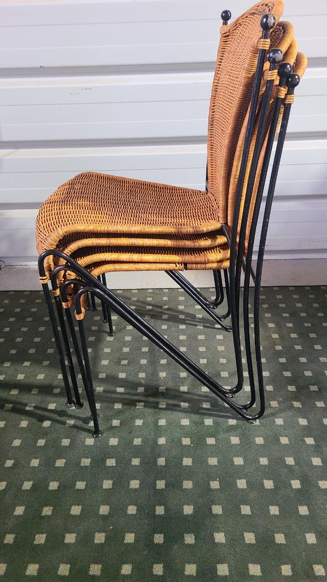 4 Chaises Vintage en Rotin et Fil d'Acier FREDERIC WEIMBERG